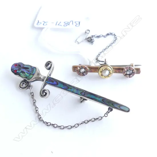 NZ SILVER AND PAUA SWORD/TIKI BROOCH AND VICT. 9CT GOLD DIA PEARL BROOCH