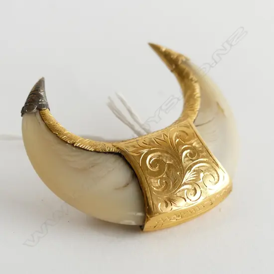 19thC GOLD & DOUBLE TIGER CLAW BROOCH testing 14ct or higher