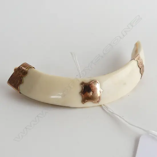 9CT GOLD MOUNTED ANTIQUE BOAR'S TUSK BROOCH L.120mm