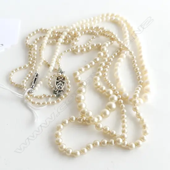 SINGLE STRAND CULTURED PEARL NECKLACE AND COSTUME PEARL NECKLACE - THIS HAS A DIAMOND SET CLASP