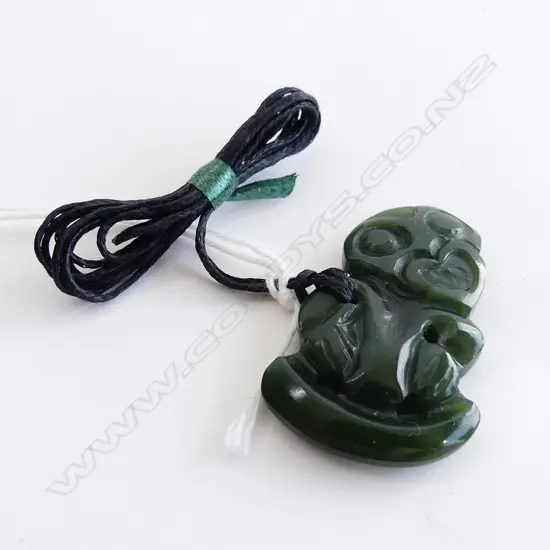 NZ POUNAMU (GREENSTONE) TIKI PENDANT (L37MM) ON BLACK WAXED ADJUSTABLE CORD