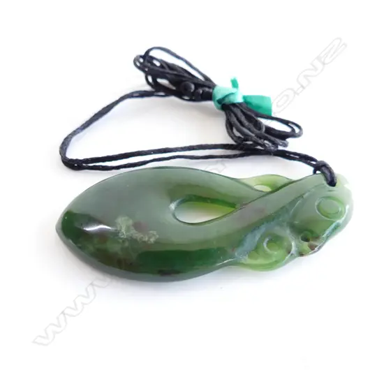 NZ POUNAMU (GREENSTONE) FISH HOOK PENDANT (L52MM) ON BLACK WAXED ADJUSTABLE CORD