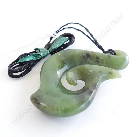NZ POUNAMU (GREENSTONE)  FISH HOOK PENDANT (L50MM) ON BLACK WAXED ADJUSTABLE CORD