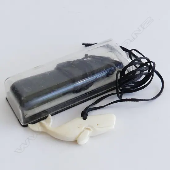 GREENSTONE PENDANT ON BLACK WAX CORD + BELUGA WHALE PENDANT ON CORD 