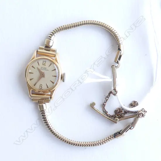 18CT GOLD LADIES WATCH (NOT WORKING) ROLLED GOLD STRAP 10gm including movement and strap
