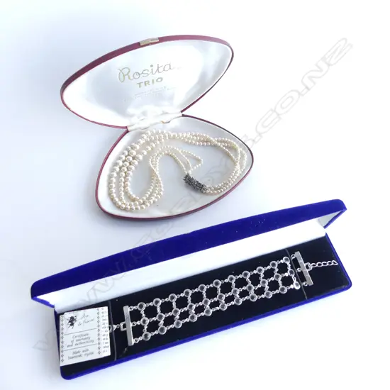 SWAROVSKI CRYSTAL BRACELET AND COSTUME PEARL NECKLACE - BOTH BOXED