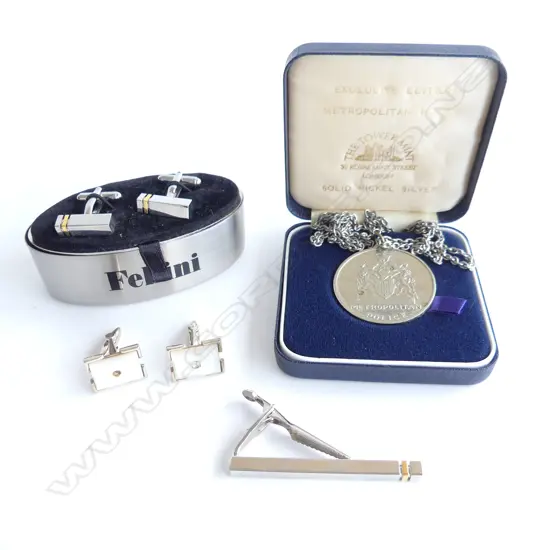 TWO PAIRS FELLINI CUFF LINKS/TIE CLIP (BOXED)/SILVER PLATE POLICE MEDAL ON CHAIN (BOXED)