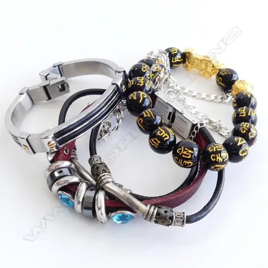3 BRACELETS; FENG SHUI, STAINLESS STEEL & LEATHER & BEAD + SILVER TONE CHAIN,