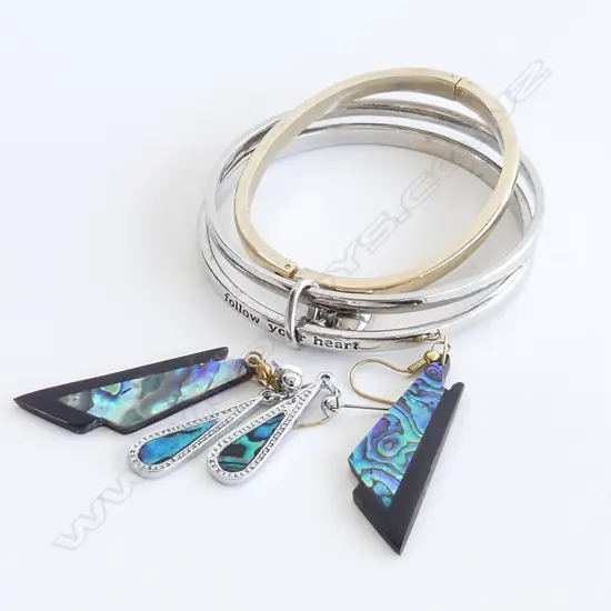 2 BANGLES; 1 GOLD TONE WITH STONES & 1 STAINLESS STEEL + 2 PR DROP EARRING INCL. PAUA SHELL