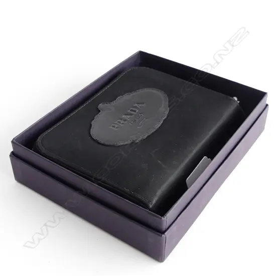 AUTHENTIC PRADA WALLET; BLACK NYLON GABARDINE & CALFSKIN w. ORIGINAL BOX & CERTIFICATE PURCHASED ROME 2006 W.140mm