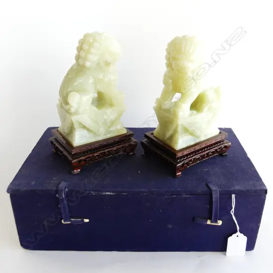 PR ORIENTAL JADE FOO DOGS WITH WOODEN STANDS, H175MM COMPLETE WITH BOX 