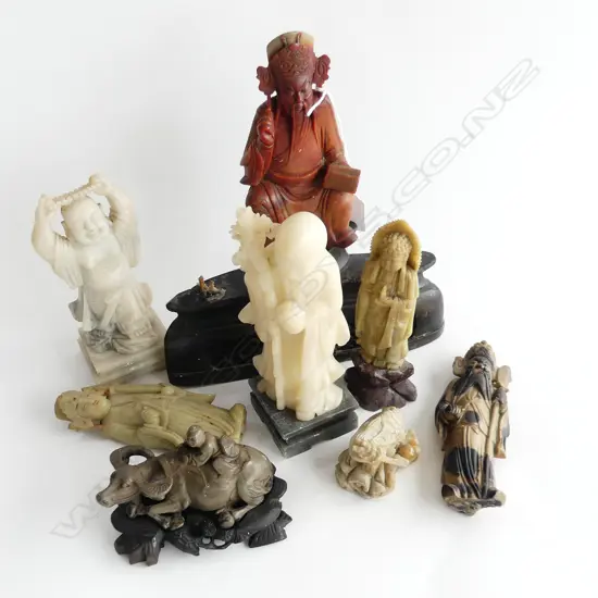 6 ASST. ORIENTAL SOAPSTONE CARVINGS; 3 FIGURES ON WOODEN STAND, ETC