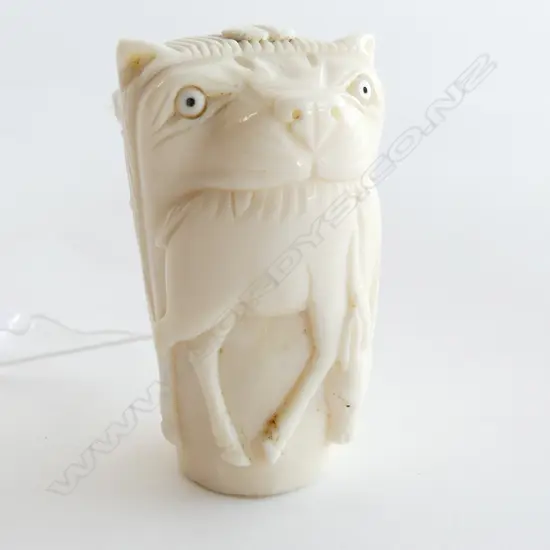 IVORY WALKING STICK END - LION WITH ANTELOPE IN MOUTH H. 53MM