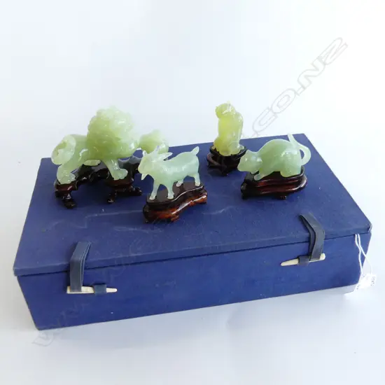 4 ORIENTAL JADE ANIMALS, GOAT, RAT, MONKEY + ONE OTHER A/F EA. WITH WOODEN STAND, IN BOX