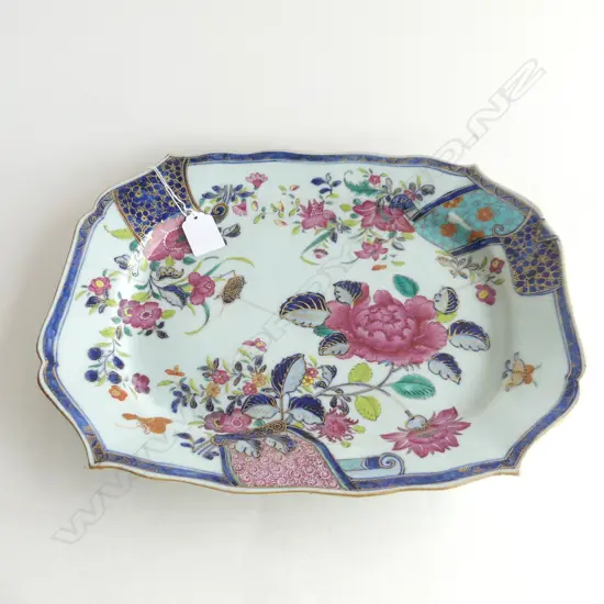 RTV 18thC CHINESE FAMILLE ROSE QIANLONG PLATTER, VIBRANT FLORAL DECORATION - REPAIRED 340x265mm