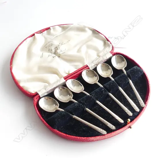 SET 6 SILVER TEASPOONS IN BOX SHEFF. 1937