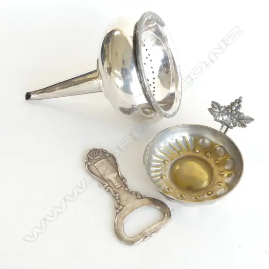 SILVER PLATED ANTIQUE WINE FUNNEL, WINE TASTER & BOTTLE OPENER 5