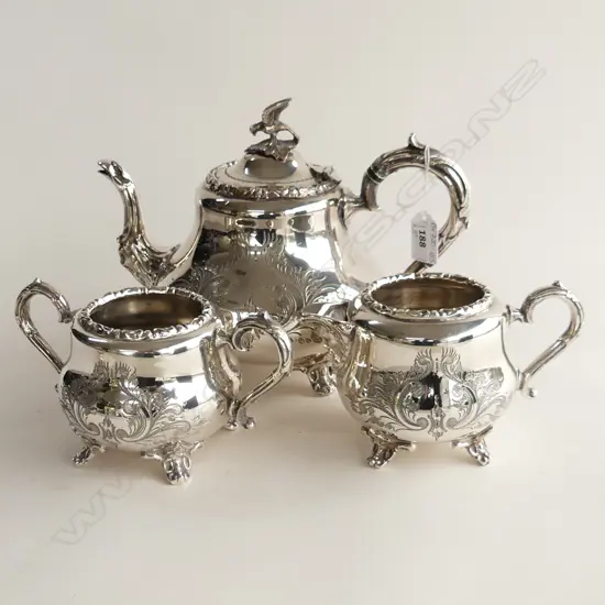 3 PCE SILVER PLATE HAND ENGRAVED SHEFFIELD TEA SET; LG TEAPOT, JUG & BOWL 