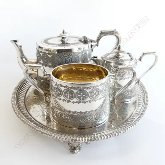TEA FOR TWO SILVER PLATE TEASET (TEAPOT, JUG & BOWL) + SM SERVING TRAY (DIA 255MM)