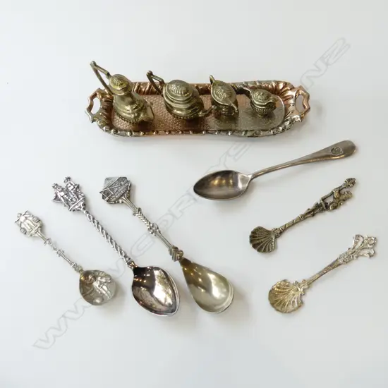 MINIATURE BRASS COFFEE & TEA SET WITH TRAY (L145MM) + 6 ASST SM SILVER PLATE SPOONS INCL MUSTARD