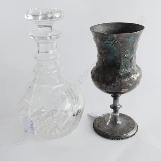 STUART CUT CRYSTAL SPIRIT DECANTER & VICTORIAN SILVER PLATED TROPHY CUP, H. 230MM & H 2300MM