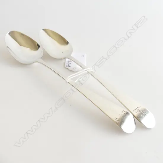 2 ANTIQUE STG SILVER DESSERT SPOONS, DUBLIN & LONDON 59 GRAMS