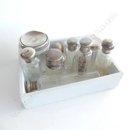 10 ASST. STG & SILVER PLATE TOPPED CRYSTAL BOTTLES H.170mm