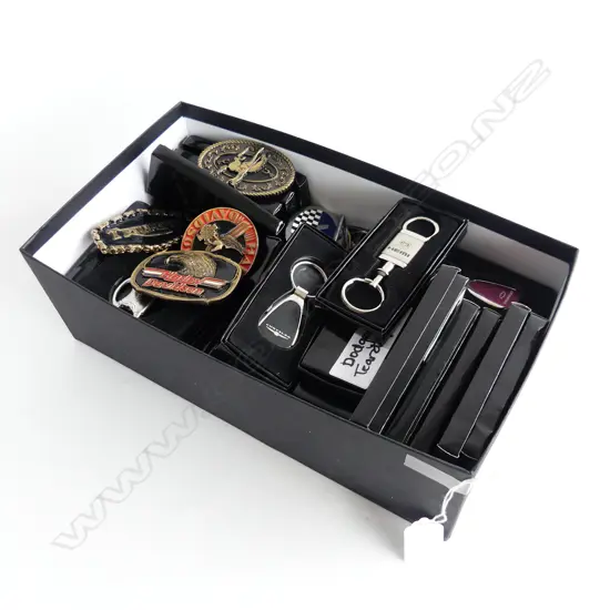 BOX LOT ASST. AMERICAN CAR KEY RINGS + 8 BELT BUCKLES ETC 