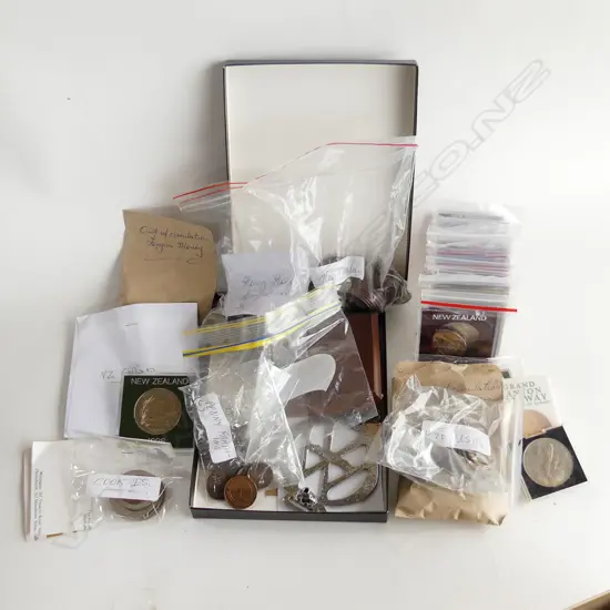 BOX OLDER WORLD COINAGE: NZ UNC $1's +OLD TONGAN + HONG KONG ETC
