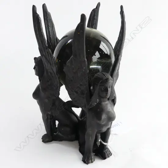 EGYPTIAN STYLE BRONZE; 3 SPHINX SUPPORTING GLASS BALL H.170mm