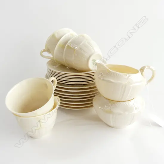 BELLEEK PART SHELL TEA SET; 5 CUPS, 8 SAUCERS & PLATES, JUG & SUGAR BOWL
