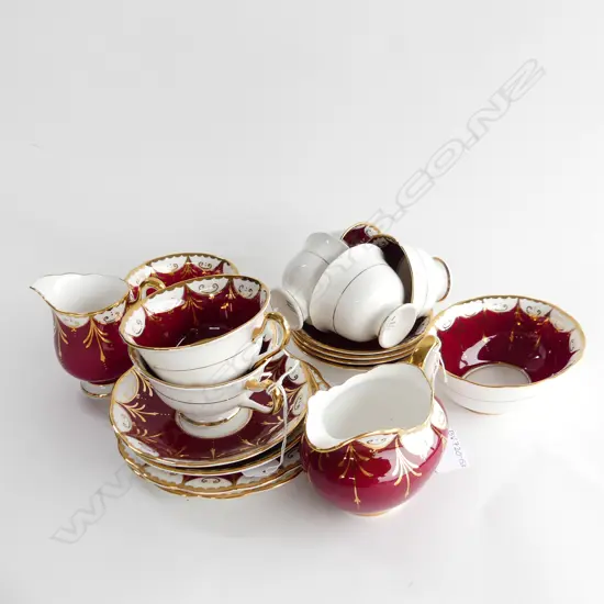 ROYAL ALBERT BURGUNDY & GOLD SET; 4 DEMI C&S'S, 2 FULL SIZE TRIOS, 1 SM & 1 LG SUGAR BOWLS & 1 SM & 1 LG MILK JUGS