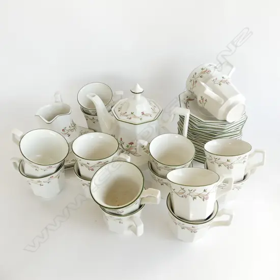 JOHNSON BROS 'ETERNAL BEAU' TEA SET; TEAPOT, 16 CUPS & SAUCERS, 2 SM PLATES, MILK JUG 