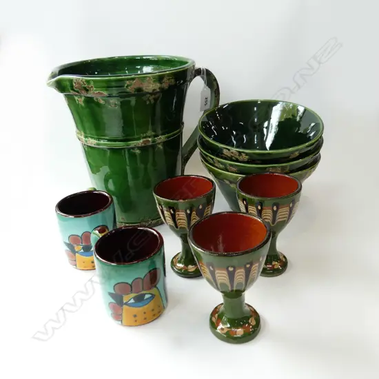 9 PCES ASST. GREEN GLAZED EARTHENWARE; JUG & 3 BOWLS, PR CUPS & 3 GOBLETS