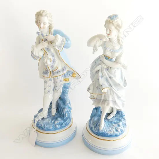 PR VINTAGE GERMAN BLUE & WHITE FIGURINES; PERIOD COSTUMED LADY & GENT H. 295MM