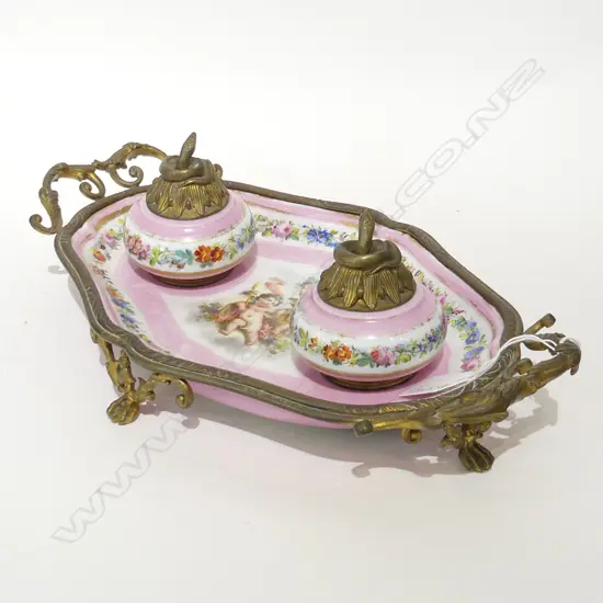 19thC FRENCH PORCELAIN & ORMOLU DESK SET W.340mm