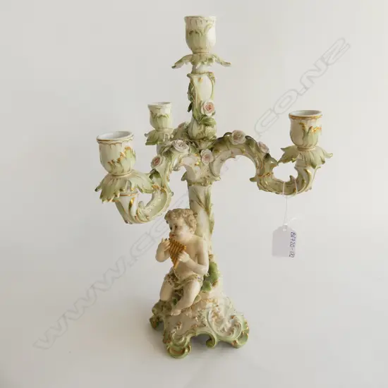 VINTAGE GERMAN PORCELAIN 4-ARM CANDELABRA WITH PUTTI & APPLIED FLOWRS H. 345MM
