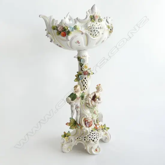 TALL VINTAGE ORNATE FOOTED BOWL WITH APPLIED FIGURES & FLOWER H. 490MM (STAND NEEDS TO BE ADHERED TO STAND)