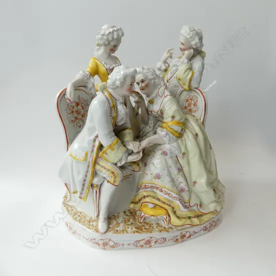 VINTAGE PORCELAIN FIGURE GROUP OF LADIES & GENTS H 240 L 210MM