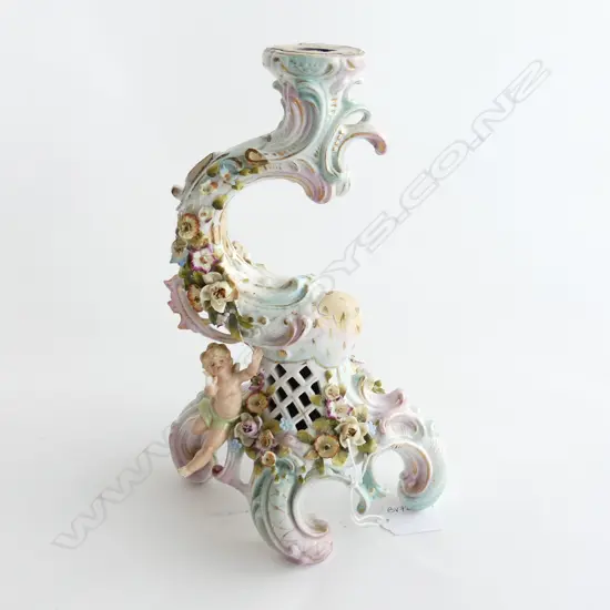 VINTAGE GERMAN PORCELAIN CANDLE HOLDER WITH APPLIED FLOWERS & CHERUB H. 265MM