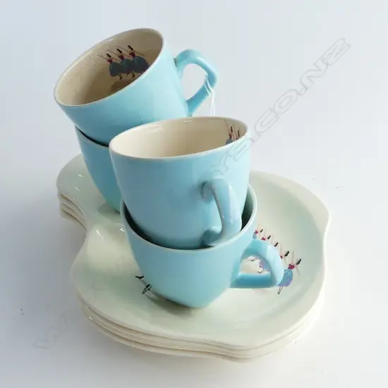 4 BESWICK 'BALLET' TENNIS SETS; CUP & PLATE (1 CUP CRAZED)