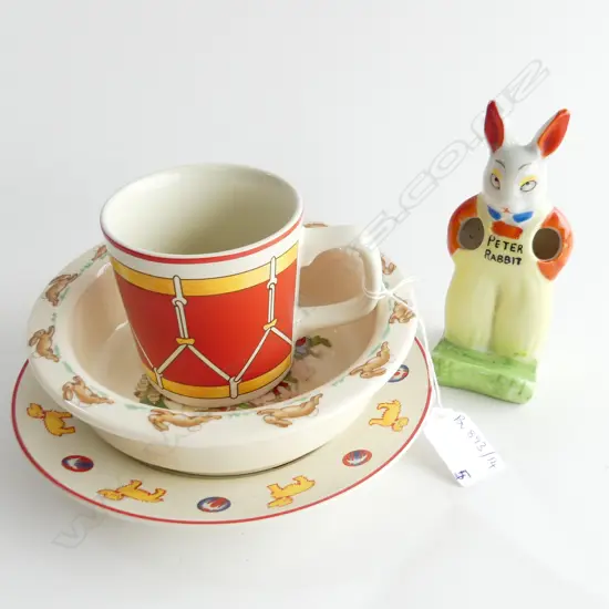 4 PCES KIDS CHINA + WEDGWOOD XMAS BAUBLE - BUNNYKINS BOWL 160mm dia, TIFFANY TOYS CUP & PLATE, PETER RABBIT H.130mm