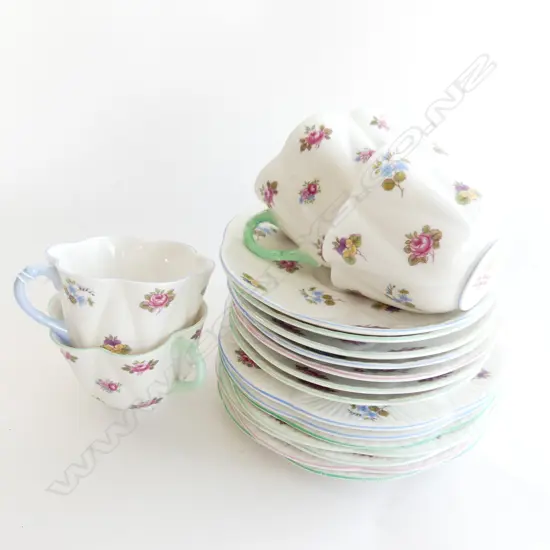 SHELLEY ROSE PANSY FORGET ME NOT, 4 CUPS, 7 SAUCERS, 7 PLATES 