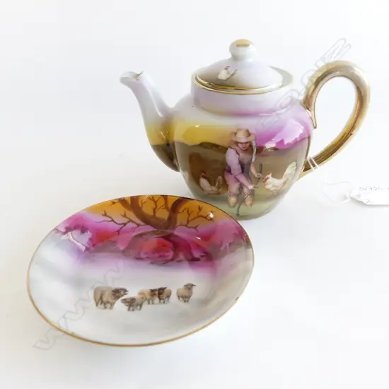 ROYAL BAYREUTH TEAPOT; FARMER WITH CHICKENS + SM DISH; SHEEP IN SNOW (DIA 110MM)
