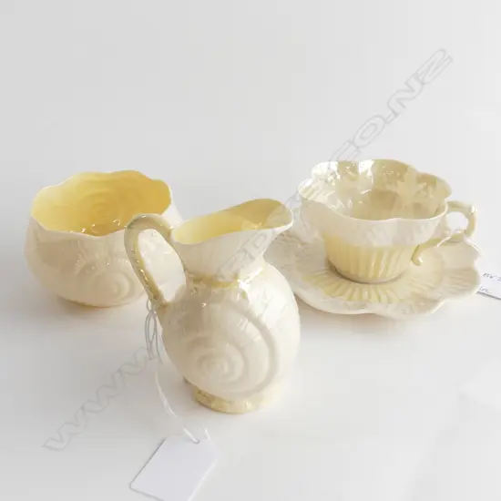 BELLEEK BLACK STAMP CUP & SAUCER + GREEN STAMP NAUTILUS MILK JUG & BOWL 