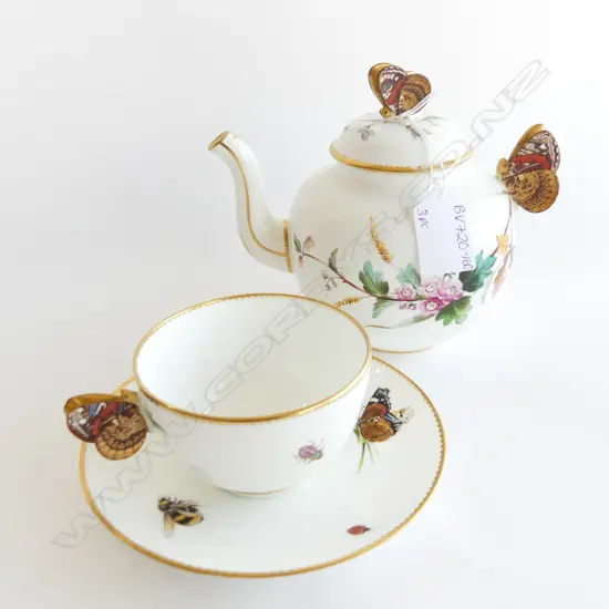 ANTIQUE TEAPOT & CUP & SAUCER, BOTH WITH BUTTERFLY HANDLES, C1869  (MINOR HAIRLINES) 