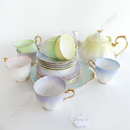 ROYAL ALBERT RAINBOW TEA SET; TEAPOT (AF), JUG & SUGAR BOWL, 5 TRIOS, SPARE PLATE & CAKE PLATE