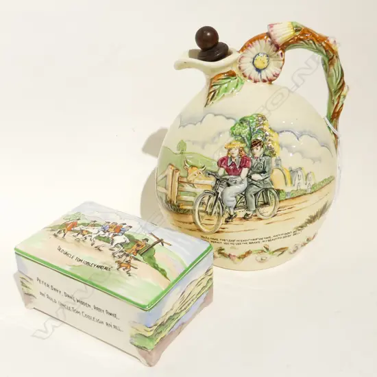 2 CROWN DEVON MUSICAL PCES; DAISY BELL JUG & WIDDICOMBE FAIR LIDDED BOX W.130mm