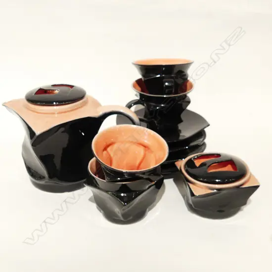 BOB STEINER GEOMETRICAL TEA SET; TEAPOT, 3 CUPS & SAUCERS + SPARE SAUCER,, LIDDED SUGAR BOWL & MILK JUG