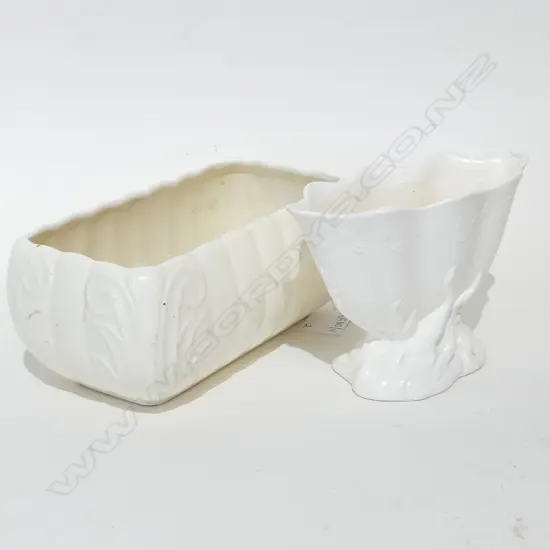 2 WHITE CROWN LYNN VASES; 676 & TROUGH W.190mm